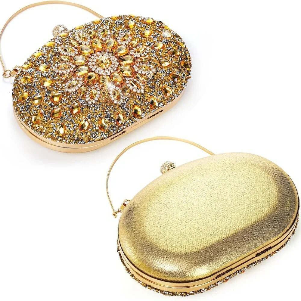 Rhinestone Evening Clutch Bag Gold Sparkling Glitter Wrist Prom Party